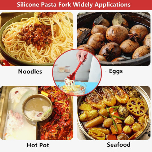 Spaghetti Spoon Pasta Fork, 11.2 Inch Silicone Strainer with Stainless Steel Handle, BPA Free (Red)