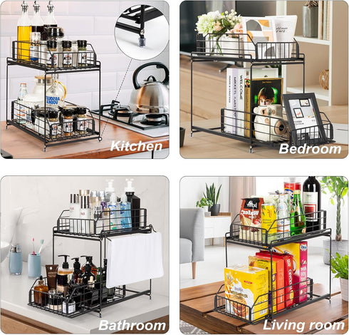 SUEH DESIGN 2 Tier Under Sink Organizer, Metal Kitchen Bathroom Storage with Hanging Rail