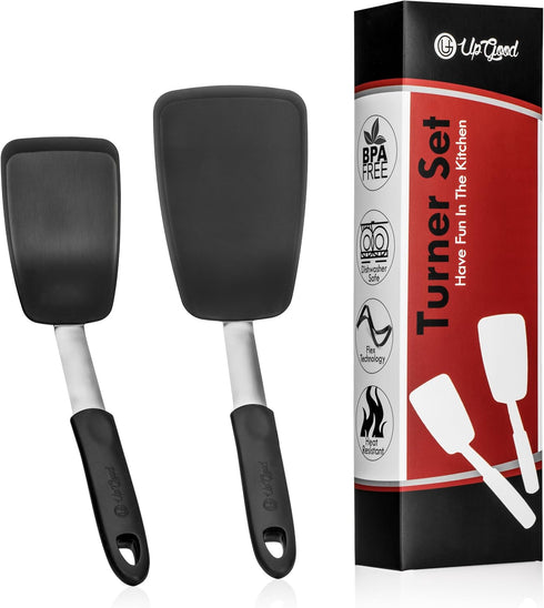 UpGood Silicone Turner Set, 600ºF Heat Resistant Kitchen Spatulas, Large & Small with Flexible Stainless Steel
