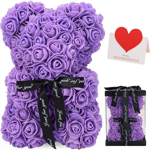 LINKLO Rose Bear, 10 inch Artificial Rose Flower Bear Gift for Wedding, Mothers Day, Anniversary (Purple)