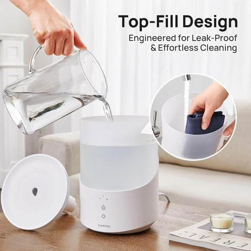 2.5L 25H Clarston Humidifiers for Bedroom, Cool Mist Humidifier with Essential Oils Diffuser and Nightlight, Top Fill