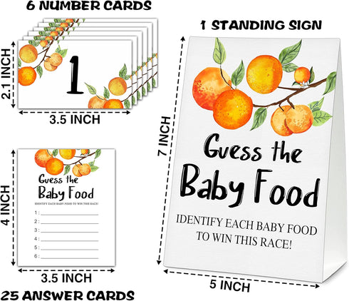 Set, 1 25 6 -A07 Guess the Baby Food Party Games, Baby Shower Game Standing Sign + Answer Cards + Number Cards, Little
