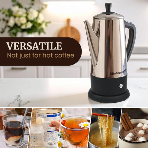 12-Cup 360 Elite Gourmet Electric Coffee Percolator, Dishwasher Safe Stainless-Steel Filter, Lid & Tube, Keep Warm