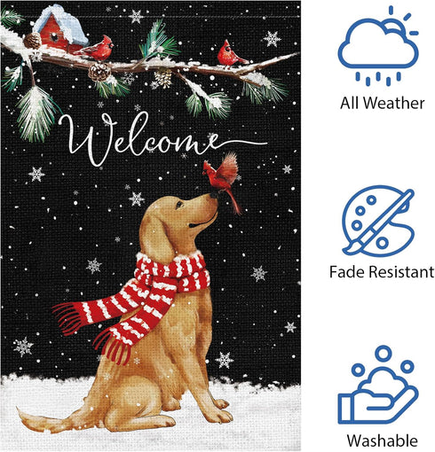 Welcome Winter Garden Flag 12x18 Inch Double Sided Burlap Golden Retriever Cardinal Yard Flags for Seasonal Christmas