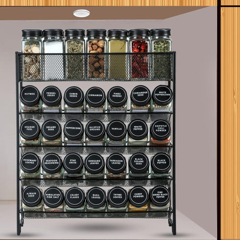28 Set Countertop, Skiileor Spice Rack Organizer with Spice Jars, Black LidsSpice Labels, Chalk pen and Funnel