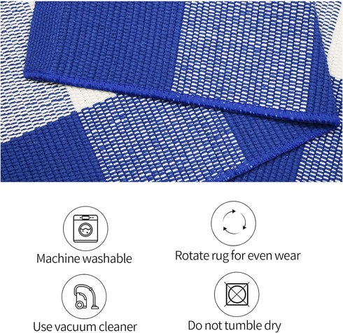SEEKSEE Cotton Buffalo Plaid Rug, 27.5"x43", Blue and White Checked Washable Doormat for Indoor Outdoor Use