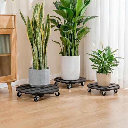 2 Packs 360Lockable 14") ZXZYHFTY Round Wooden Plant Stand with Wheels, Rolling Plant Stand with Wheels for Vertical