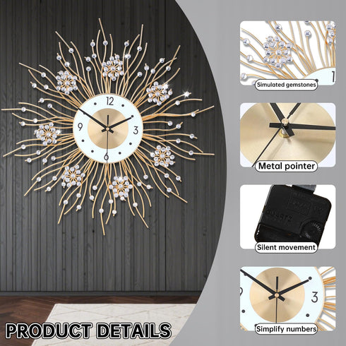 Large Wall Clocks - Silent Sunflower Shape Decorative Wall Clock, Modern Non-Ticking Iron Metal for Living Room