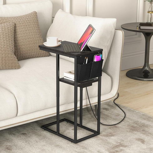 Livofloral C Shaped End Table with Charging Station, Small Side Tables for Couch with Storage Bag, Couch Side Tables