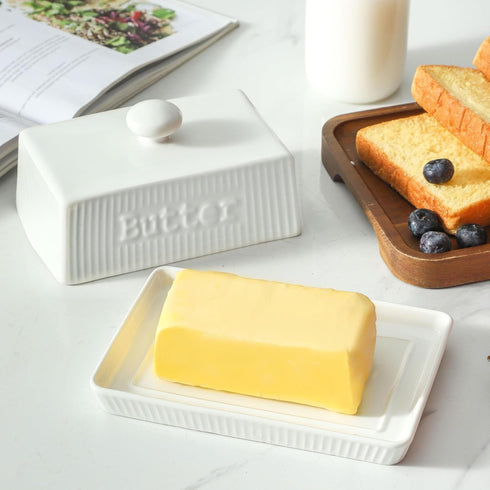 8oz Large Butter Dish with Lid, Ceramic Butter Holder with Knob Handle, Striped Butter Keeper, Porcelain Butter Tray