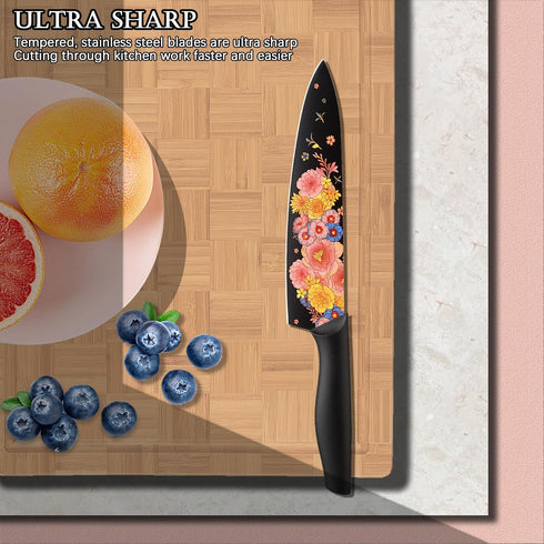 Marco Almond Knife Set, Artistic Designed Pattern Kitchen Knife, 6 Stainless Steel Kitchen Knives with Blade Guards