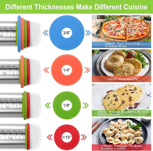 Adjustable Rolling Pin with Thickness Rings for Baking, Stainless Steel Dough Roller Pins for Cookie Decorating