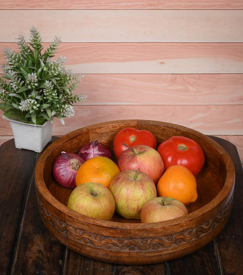 Mango Wood Decorative Round Carved Bowl, Centerpiece Bowl for Table (10" x 10" x 2.5")