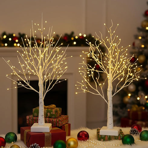 AOLTNRC 2 Pack 144 2FT Lighted Trees for Indoor Decor with Timer, LED White Light up Birch Tree Tabletop Lamp