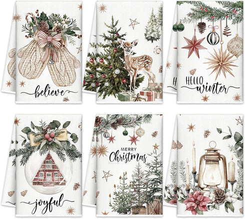 FuWeave Christmas Kitchen Towels Beige Xmas Tree Dishtowels Decorative Hello Winter Hand
