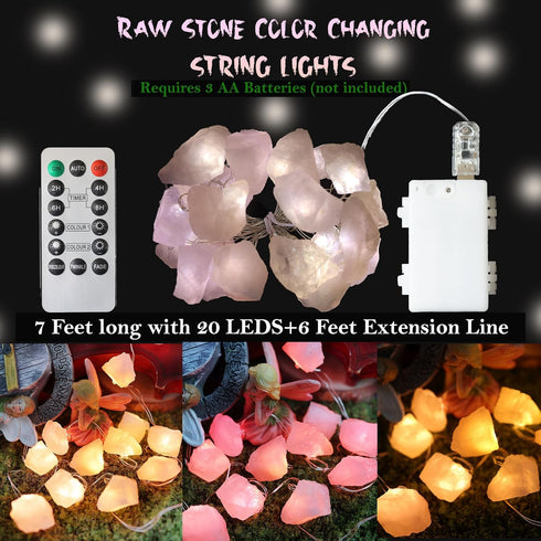 8.5ft 20 Genuine Rose Quartz Crystal Decorative String Lights Raw Stone Color Changing LEDs USB Plug in Battery