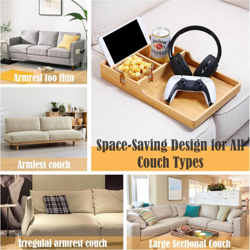 2-in-1 2 Remotes,15.35x9.84-inch Nnewvante Couch Tray, Insert & Flat Sofa Organizer Bamboo with Cup Holders,Fits Seat