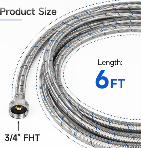JUWO 6 FT Washing Machine Hoses, 3/4" FHT Stainless Steel Washer Hoses, For Short to Moderate-Distance Water Supply in Small & Medium Residences, Red & Blue (2-Pack)