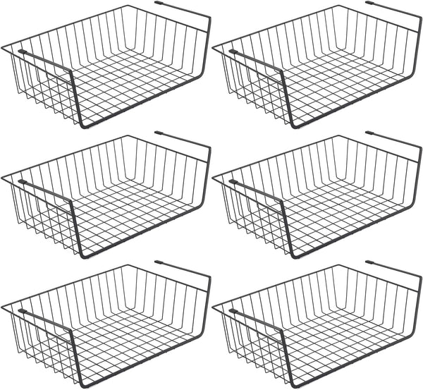 Under Shelf Basket, 6PCS Hanging Storage Baskets for Pantry, Cupboard, Laundry Room, Space Saving Organizer, Black