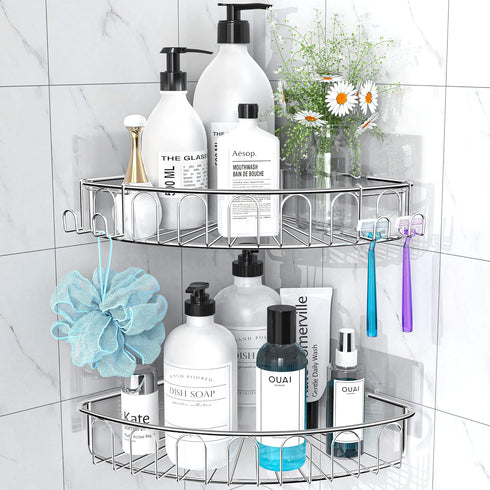 Orimade Corner Shower Caddy - Stainless Steel Wall Mounted Bathroom Shelf Organizer with Hooks, 2 Pack, Silver