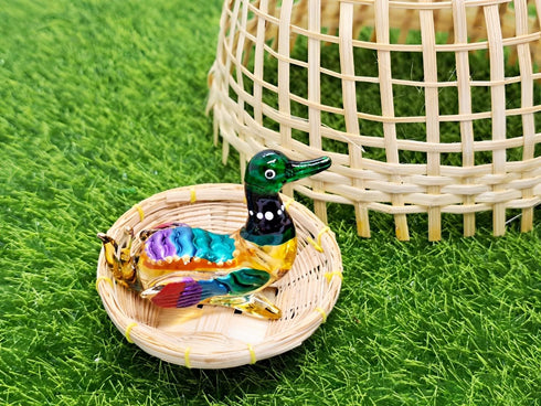 Tiny 1¾" Long Multicolor Sitting Duck Figurine - Miniature Hand Blown Painted Glass