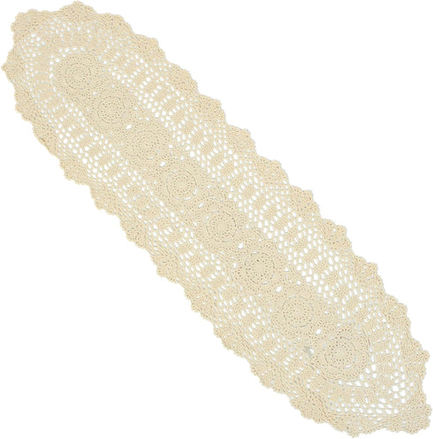 kilofly Handmade Crochet Lace Rectangular Table Runner 11 x 43 Inch, Beige