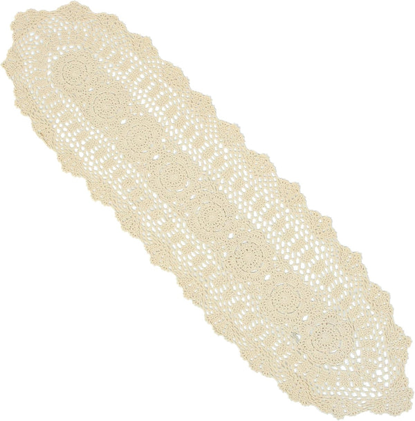 kilofly Handmade Crochet Lace Rectangular Table Runner 11 x 43 Inch, Beige