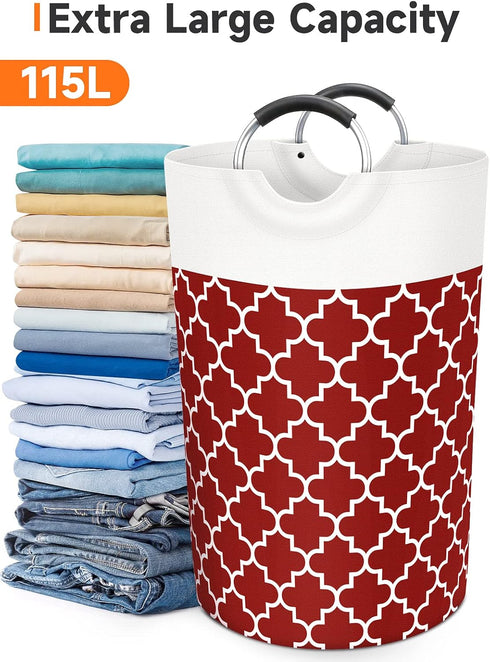 Large Collapsible Laundry Basket, 115L Waterproof Hamper Bag with Handles for College Dorm, Family, Red