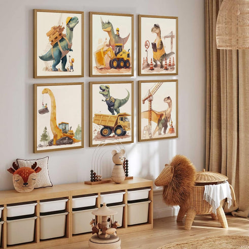 Youillne 8x10 Inch Set 6 Dinosaur Nursery Wall Art Boys Room Canvas Wall Decor Construction Toddler Poster Kids Dino