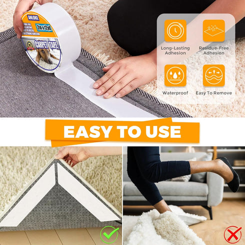 Double Sided Carpet Tape for Area Rugs, 2 Inch x 12 Yards Heavy Duty Rug Tape Gripper for Hardwood Floors