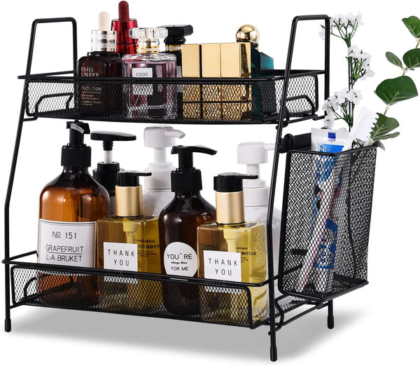 LEMIKKLE Bathroom Countertop Organizer, Bedroom Organizer, Kitchen Spice Rack Shelf with Small Basket (Black)