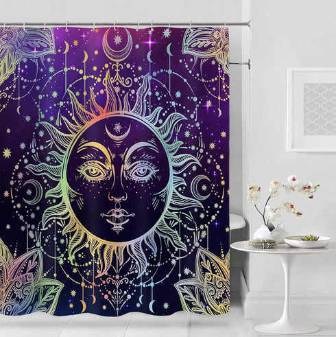 Sun Moon Shower Curtain, Burning Sun with Star Psychedelic Theme, Washable Polyester Fabric for Bathroom Set with
