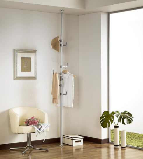 PRINCE HANGER One Touch Steel Coat Rack, Freestanding for Clothes, Hats, Bags, Silver