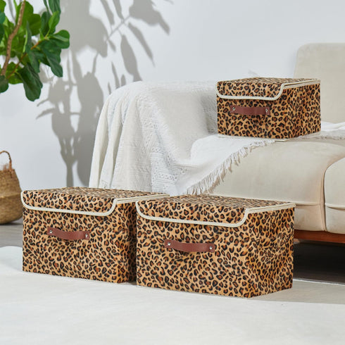 Storage Bin with Lid - Leopard Print Cute Velvet Fabric Basket Box with Faux Leather Handles, Foldable Organizer (Small