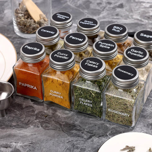 49-Pack 372 49 4.5 oz MIUKAA Cube Glass Spice Jars with Labels, Shakers, Lids, Empty Square Spice Bottle, Reusable