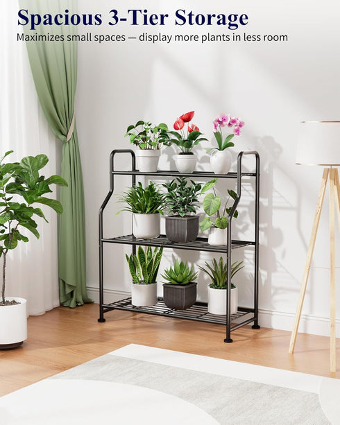 3-Tier 27" 11.4" 29.3") Kitsure Plant Stand Indoor & Outdoor - Metal Plant Shelf with Adjustable Leveling Feet, Easy