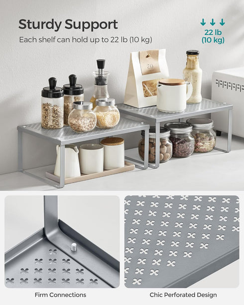 SONGMICS Spice Racks - Set of 2 Metal Cabinet Shelf Organizers, Stackable, Expandable, Silver