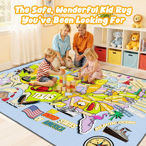 J Rombol 4x6, Educational USA Map Area Rug Playroom Bedroom Classroom Rug for Kids, Stain Resistant Toddler Baby