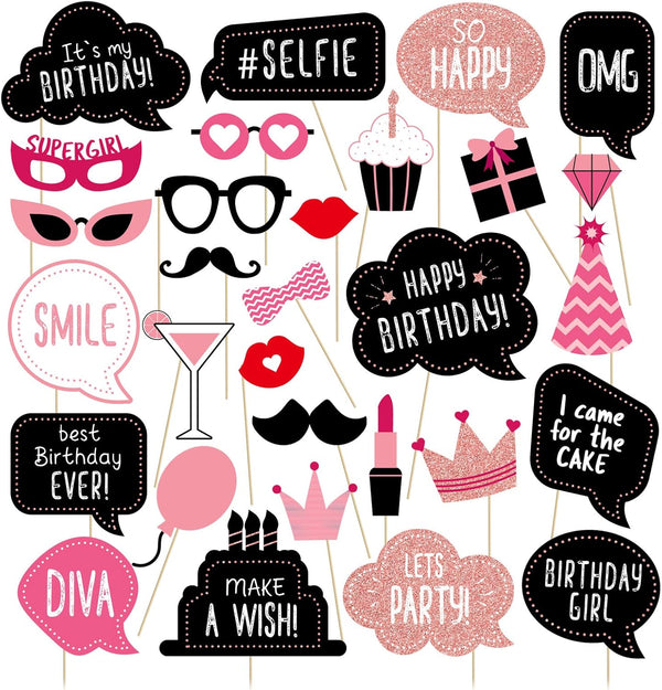 Birthday Photo Booth Props Kit - 30 Pieces Happy Birthday Party Decoration Set with Real Glitter for Women
