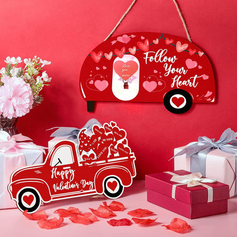 2 Pieces Valentine's Day Decor - Valentine's Day Heart Sign, Wooden Wall Decor, Happy Valentine's Day Truck Hanging