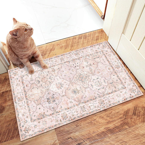 Washable Vintage Boho Area Rug 2×3, Non-Slip Pink Doormat for Bathroom, Kitchen, Entryway