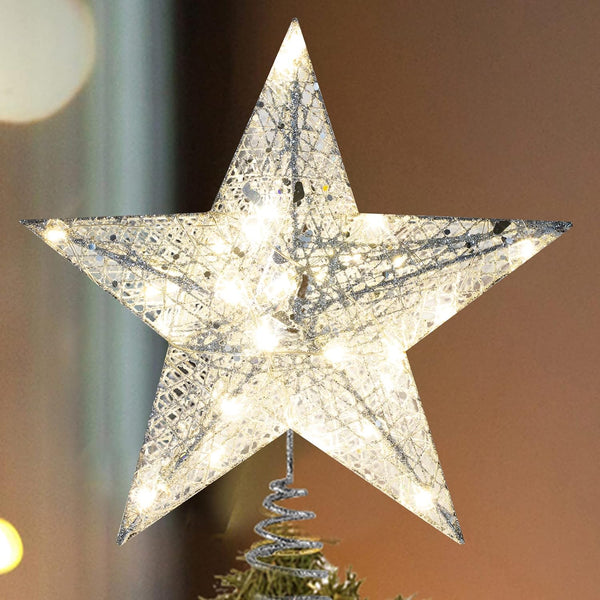 Christmas Tree Topper Star, Callenbach LED Metal Light Up Xmas Decorations, 10 inches Silver Glitter Ornaments
