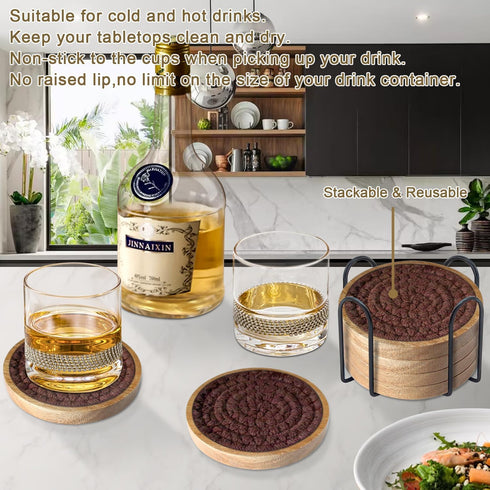 Eykao 6 Pack 4.3 inches Absorbent Coasters, Cork for Coffee Tables, Wooden Drink Coasters for Kitchen, Farmhouse, Bar