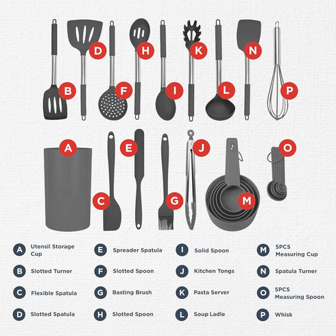 Silicone Kitchen Utensils Set, Culinary Couture 24-Pieces Grey Cooking Utensils for Nonstick Cookware