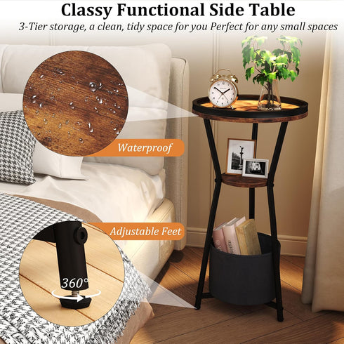 3-Tier Yusong Round Side Table, Small Drink Table for Small Spaces, Industrial End Table, Accent Nightstand Bedside