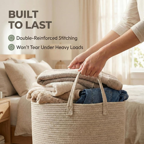 65L JMvicyroam Extra Large Blanket Basket for Living Room - Woven Cotton Rope Laundry Hamper with Reinforced Handles