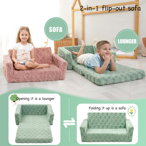 2-in-1 Kid Sofa, Toddler Chair, Flannel Kids Fold Out Couch, Toddler Convertible Sofa to Lounger, Flip Open Couch