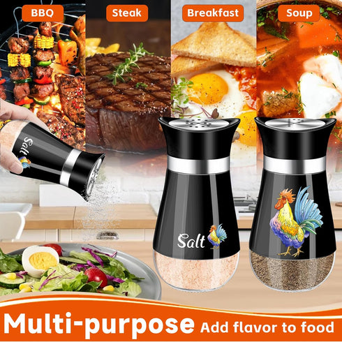 Salt and Pepper Shakers Set, 4 oz Black Kitchen Decor, Stainless Steel & Glass Spice Dispenser, Refillable Design