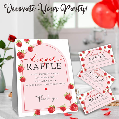 50 1 B10 Baby Shower Diaper Raffle Game Kit, Strawberry Arch, Tickets & Standing Sign, Decoration for Baby Shower