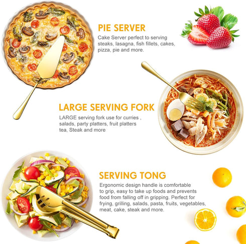 Serving Utensils Set of 10, Includes Large Spoons, Slotted Spoons, Forks, Tongs, and Soup Ladle in Gold